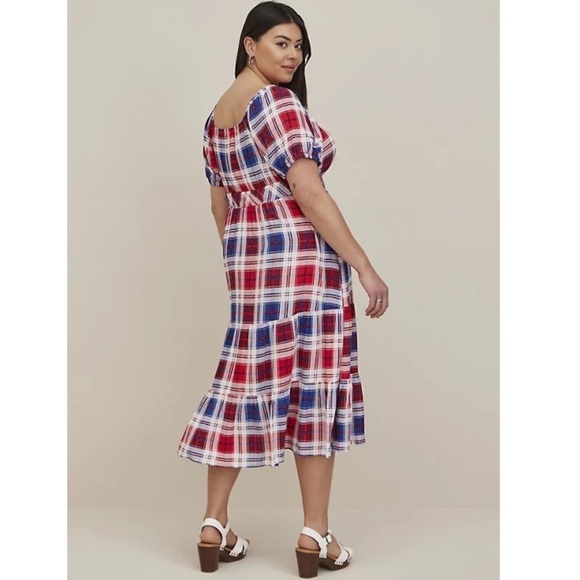 Torrid PUFF SLEEVE TIERED MAXI DRESS - CHALLIS PLAID RED & BLUE - Picture 3 of 8